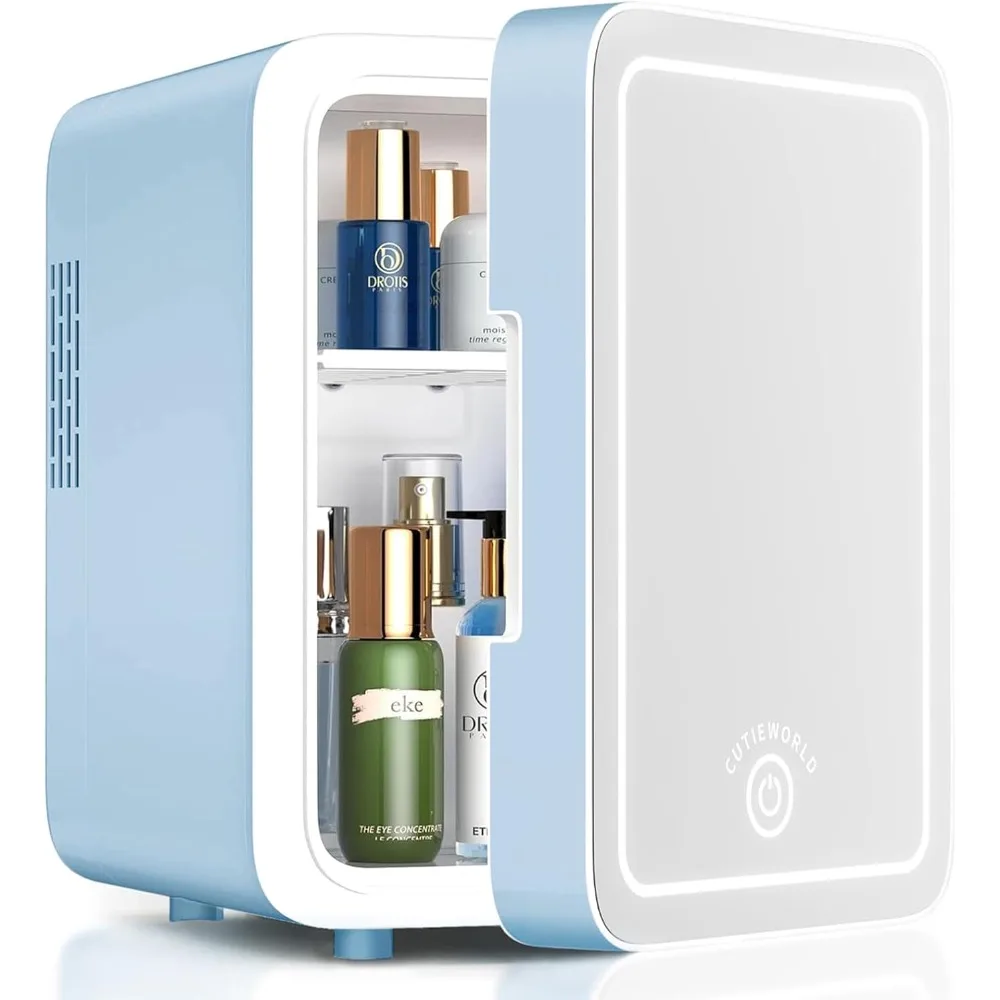 Skincare Fridge With Dimmable LED Light Mirror, 4L Makeup Mini Fridge for Bedroom,Portable Small Refrigerator for Cosmetics,Blue